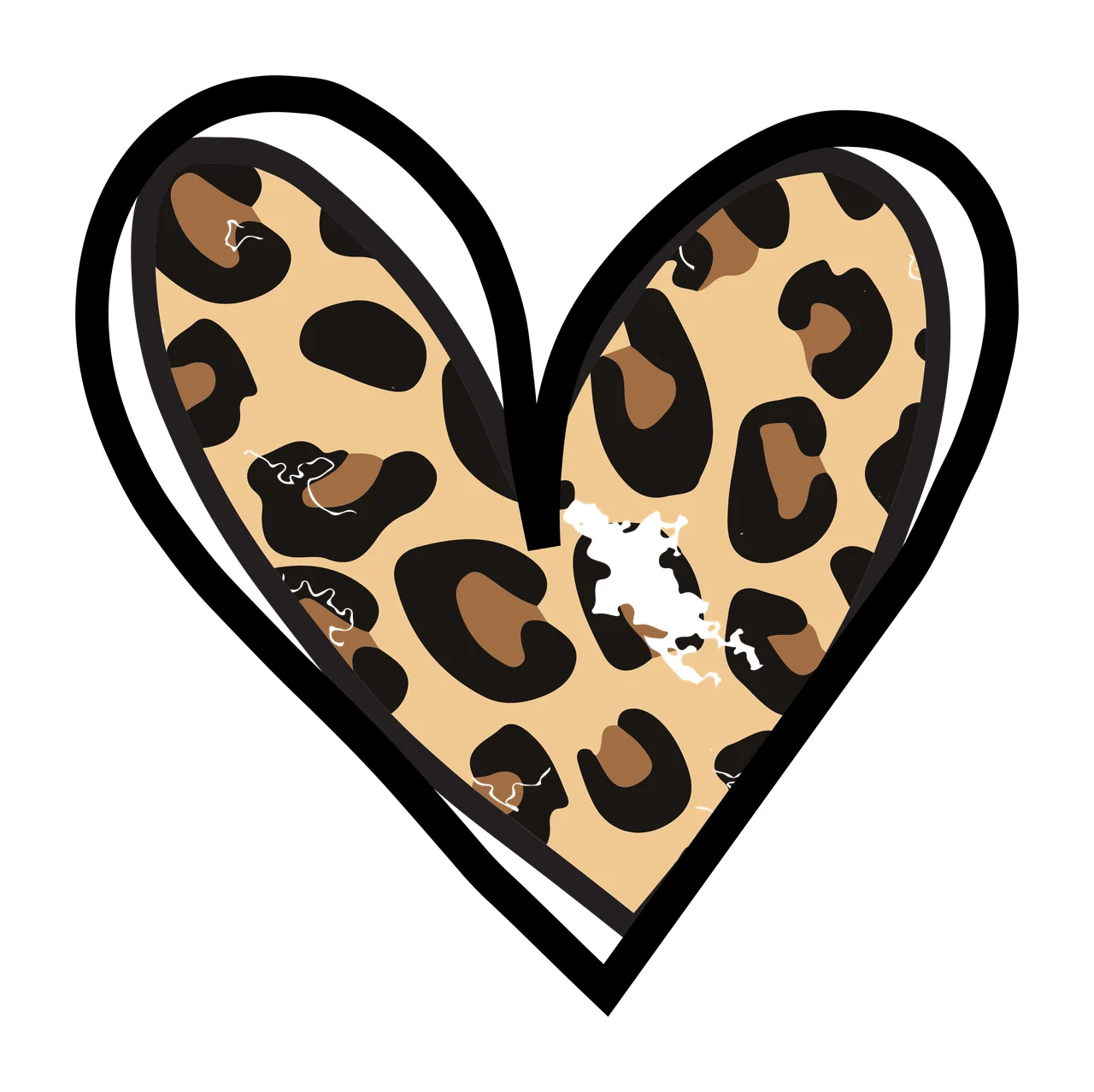 Flat Cartoon Illustration of Heart-shaped design with leopard print pattern with black heart outline, leopard print interior and white distressed patch in beige and brown