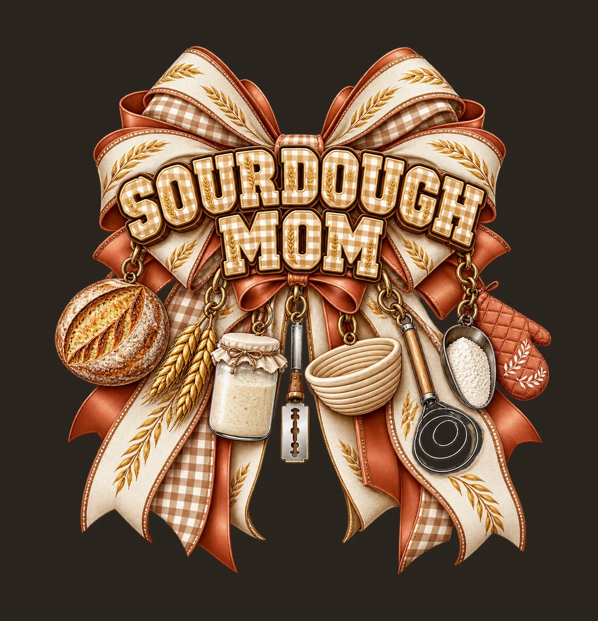 Sourdough Mom Bow Charm PNG, Patterned Varsity Mom Ribbon Clipart, Transparent Sublimation Digital Download contrast preview thumbnail