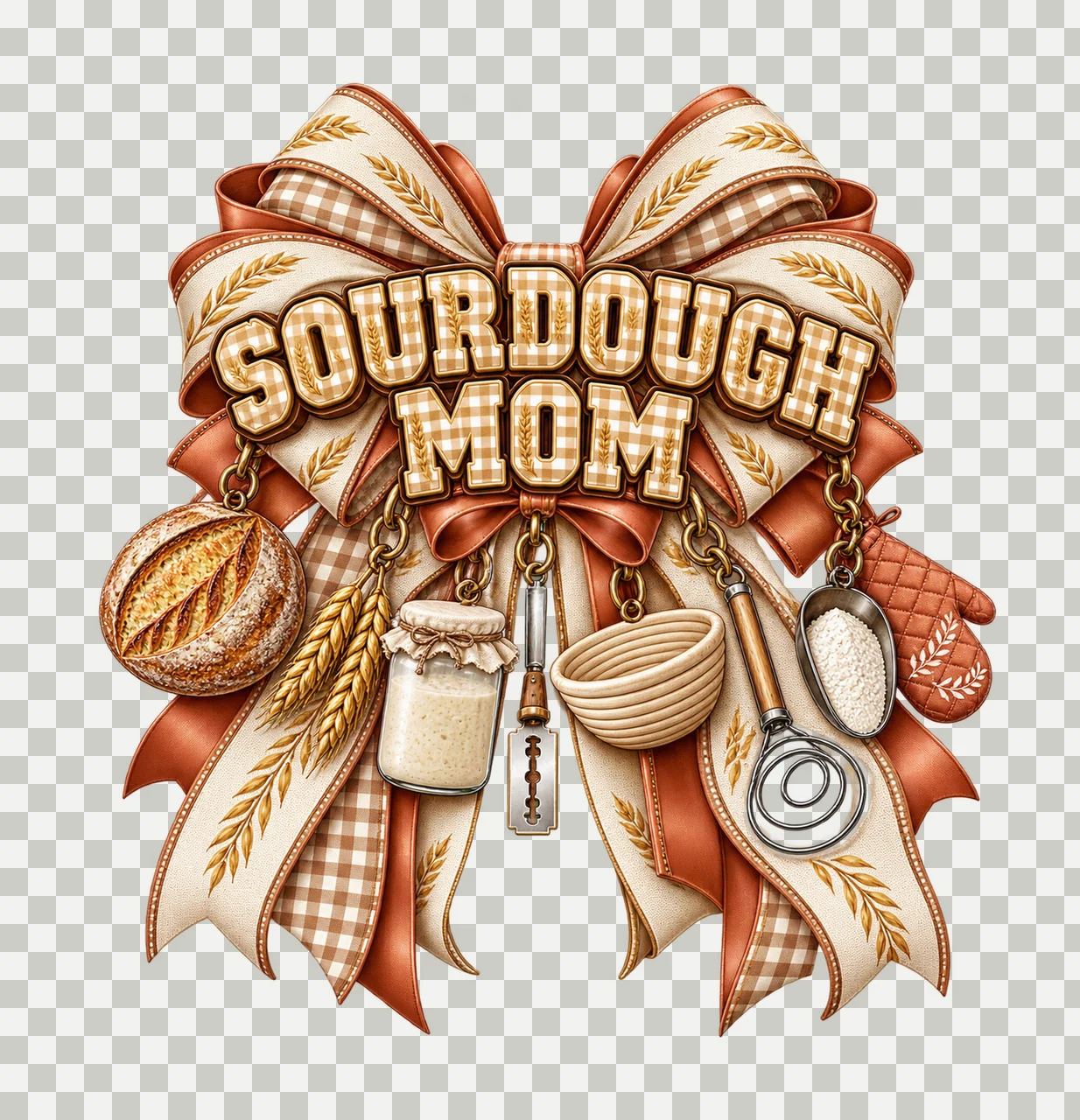 Sourdough Mom Bow Charm PNG, Patterned Varsity Mom Ribbon Clipart, Transparent Sublimation Digital Download transparency and detail preview thumbnail
