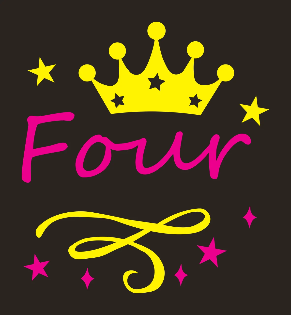 Four Fourth birthday Design with pink cursive text, yellow crown and white stars contrast preview thumbnail