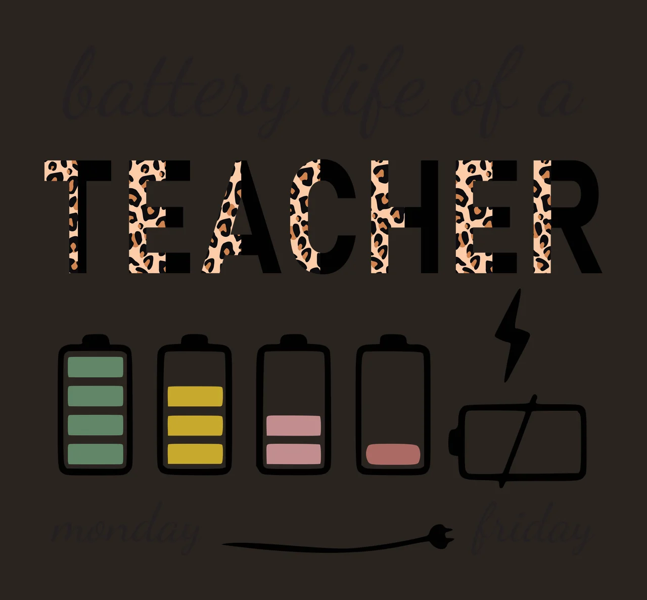 Battery life of a TEACHER monday friday Typography Design with script text, leopard print letters, battery icons and progress bars in black, white and green contrast preview thumbnail