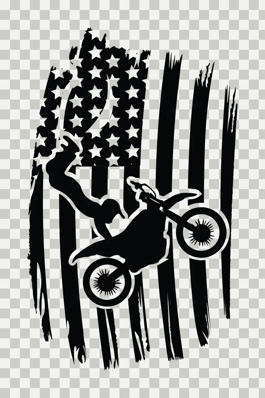 Distressed Flag With Jumping Motorcycle Rider silhouette black transparency and detail preview thumbnail