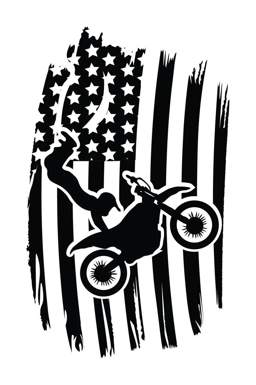 Distressed Flag With Jumping Motorcycle Rider silhouette black