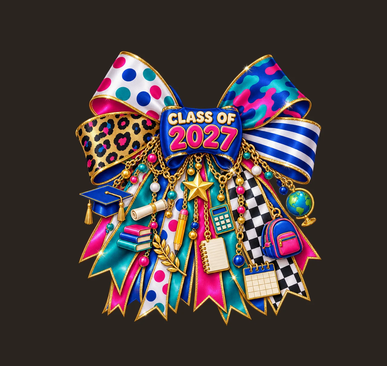 Class of 2027 Graduate Bow Charm PNG, Gold Chain Charms, Transparent Sublimation Design, Digital Download contrast preview thumbnail