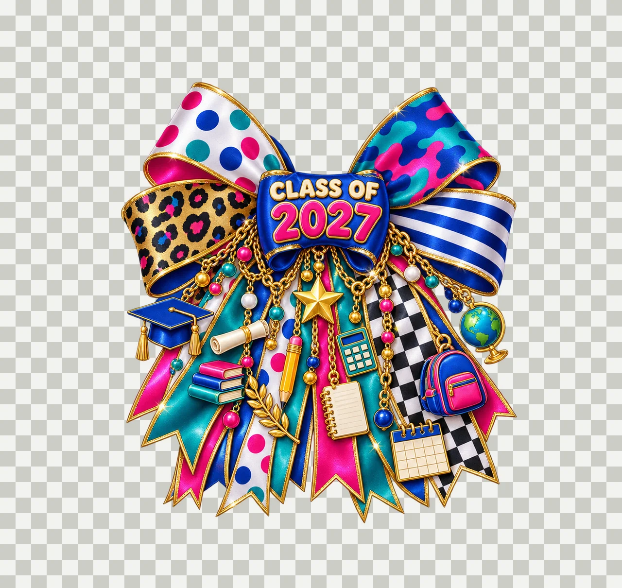 Class of 2027 Graduate Bow Charm PNG, Gold Chain Charms, Transparent Sublimation Design, Digital Download transparency and detail preview thumbnail