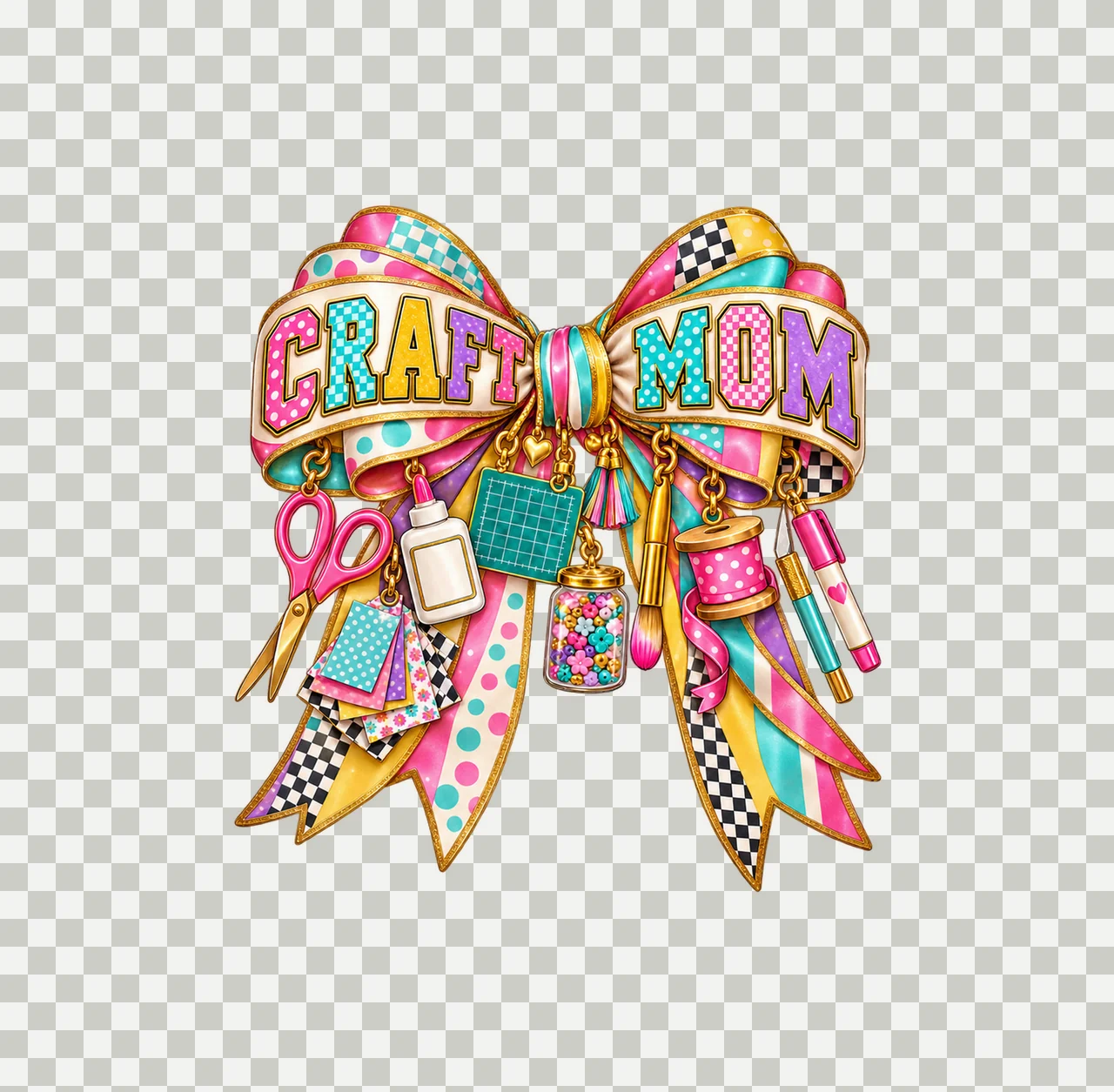 Craft Mom Bow Charm PNG, Patterned Varsity Mom Ribbon Clipart, Transparent Sublimation Digital Download transparency and detail preview thumbnail