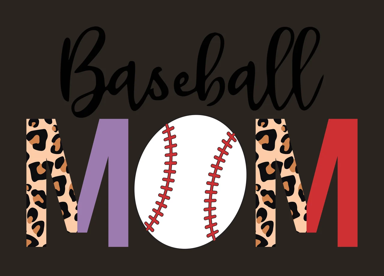 Baseball MOM Typography Design with leopard print M, purple M, red M and baseball with red stitching in black, beige and brown contrast preview thumbnail