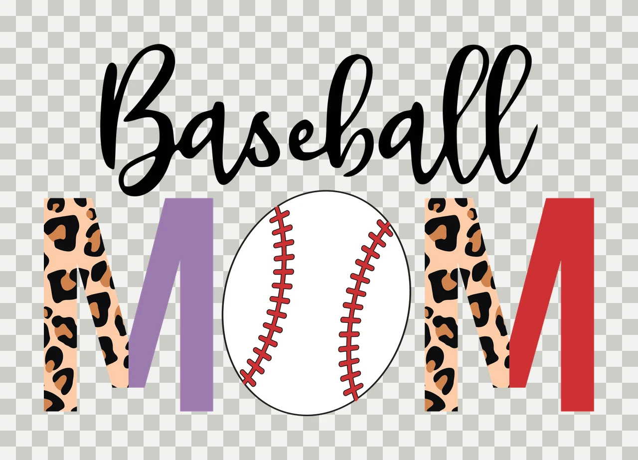 Baseball MOM Typography Design with leopard print M, purple M, red M and baseball with red stitching in black, beige and brown transparency and detail preview thumbnail