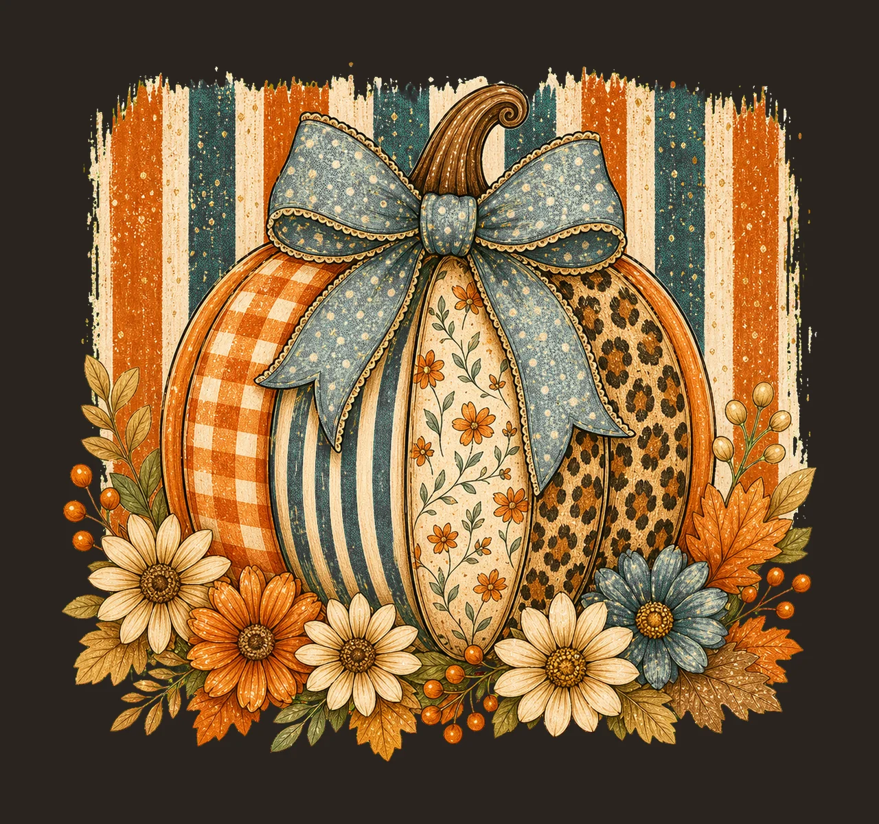 Striped Preppy Fall Pumpkin Glitter Floral Variation B contrast preview thumbnail