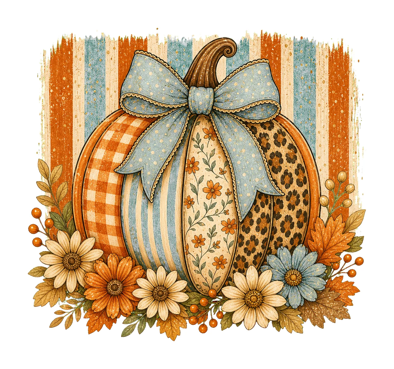 Striped Preppy Fall Pumpkin Glitter Floral Variation B