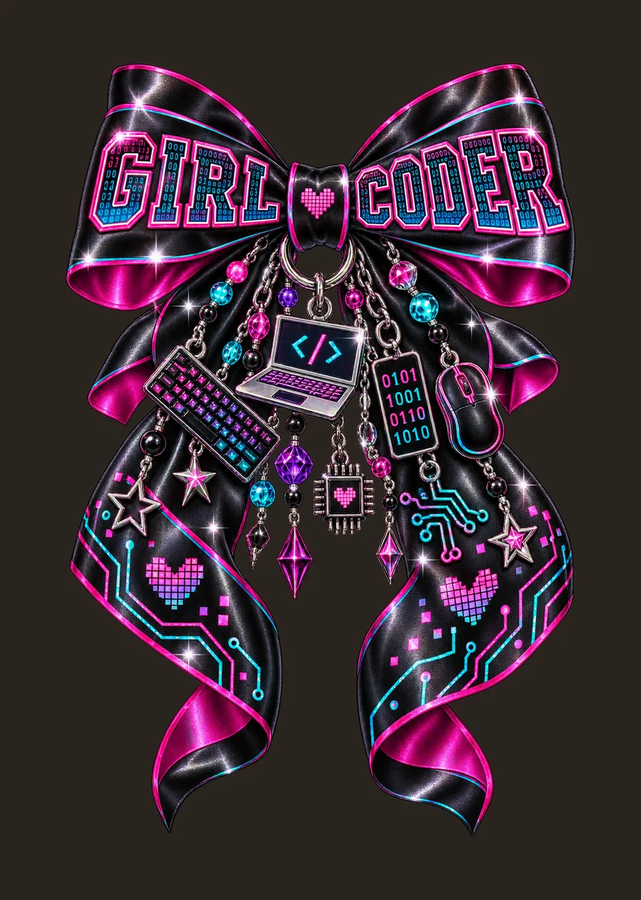 Girl Coder Bow Charm PNG, Coquette Ribbon Sublimation, Transparent Digital Download contrast preview thumbnail