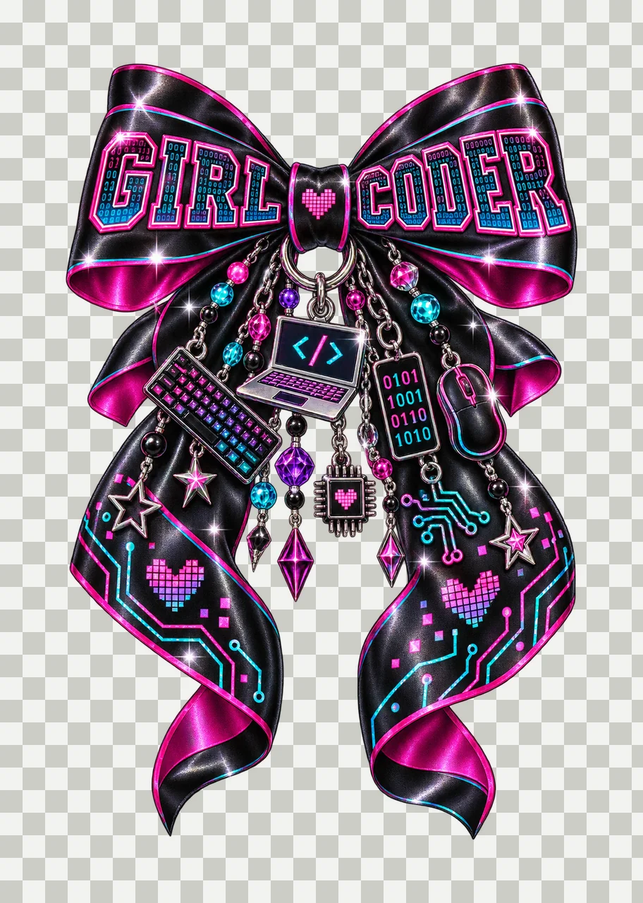 Girl Coder Bow Charm PNG, Coquette Ribbon Sublimation, Transparent Digital Download transparency and detail preview thumbnail