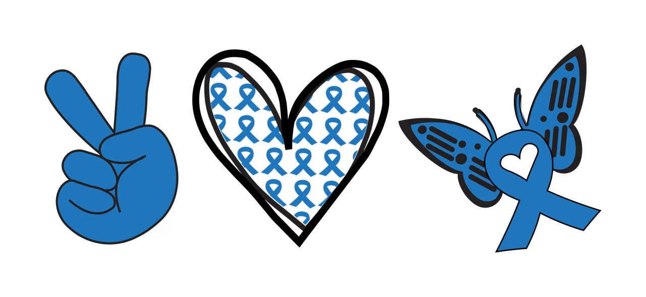 Peace sign, heart with blue ribbons, butterfly with blue ribbon and heart cutout Illustration with blue peace sign hand gesture, black-outlined heart filled with blue awareness ribbons, blue butterfly