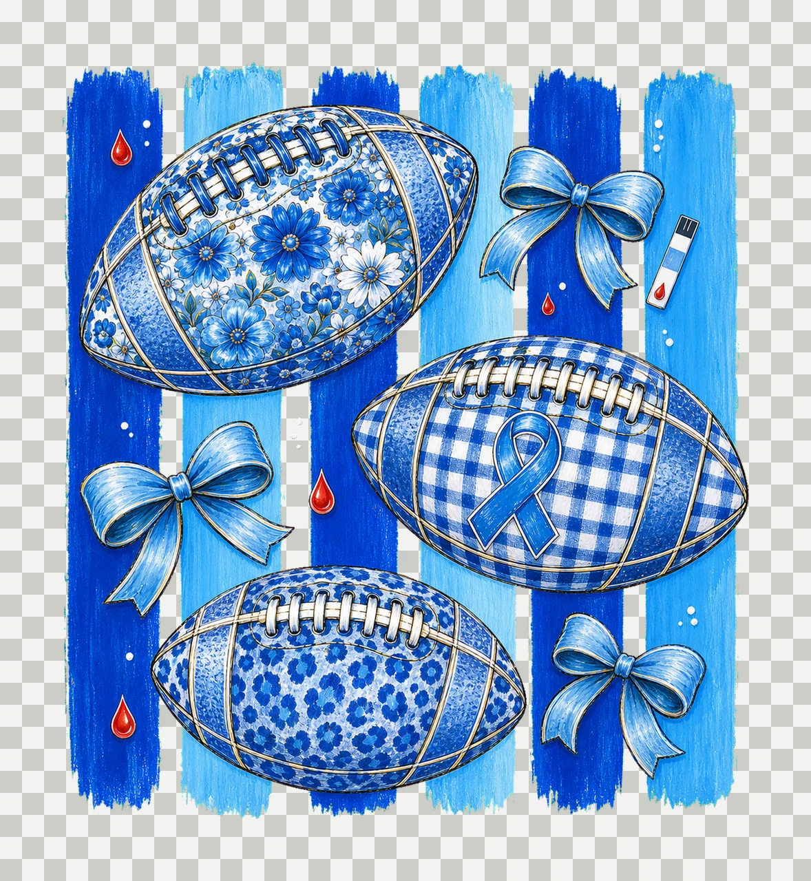 Diabetes Awareness Football Blue Floral Ribbon Variation A transparency and detail preview thumbnail