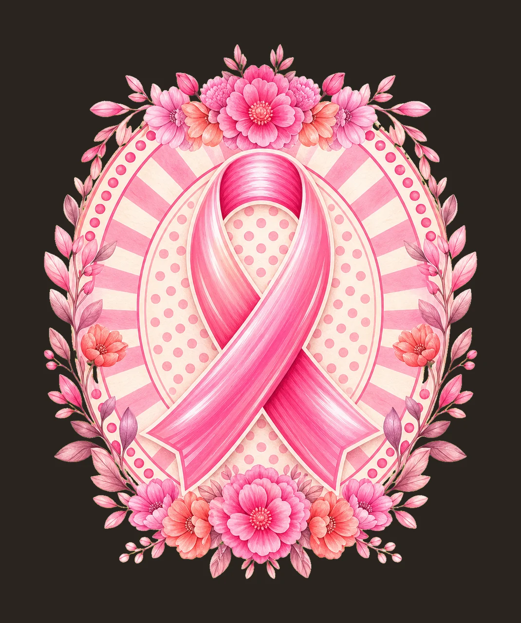 Pink Ribbon Oval Floral Badge awareness frame flowers leaves contrast preview thumbnail