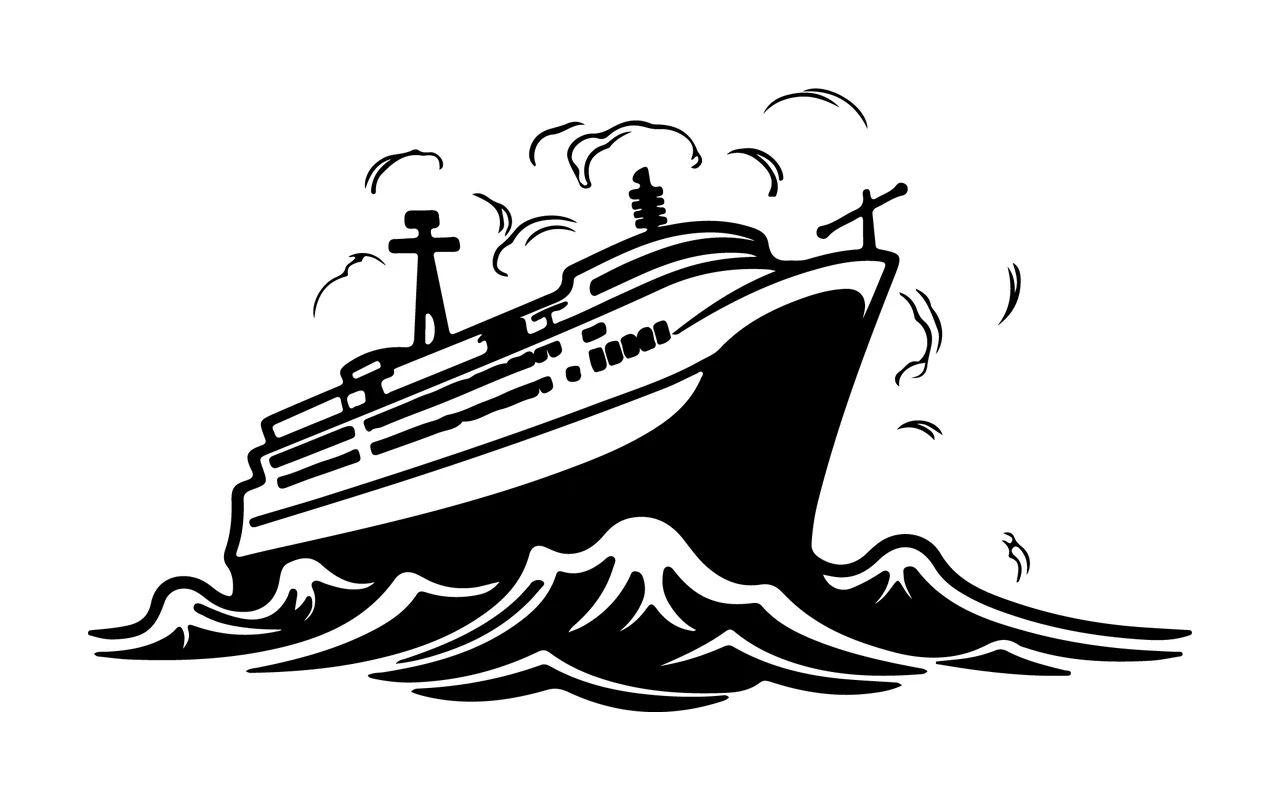 Cruise Ship Sailing On Waves smoke line art black white ocean