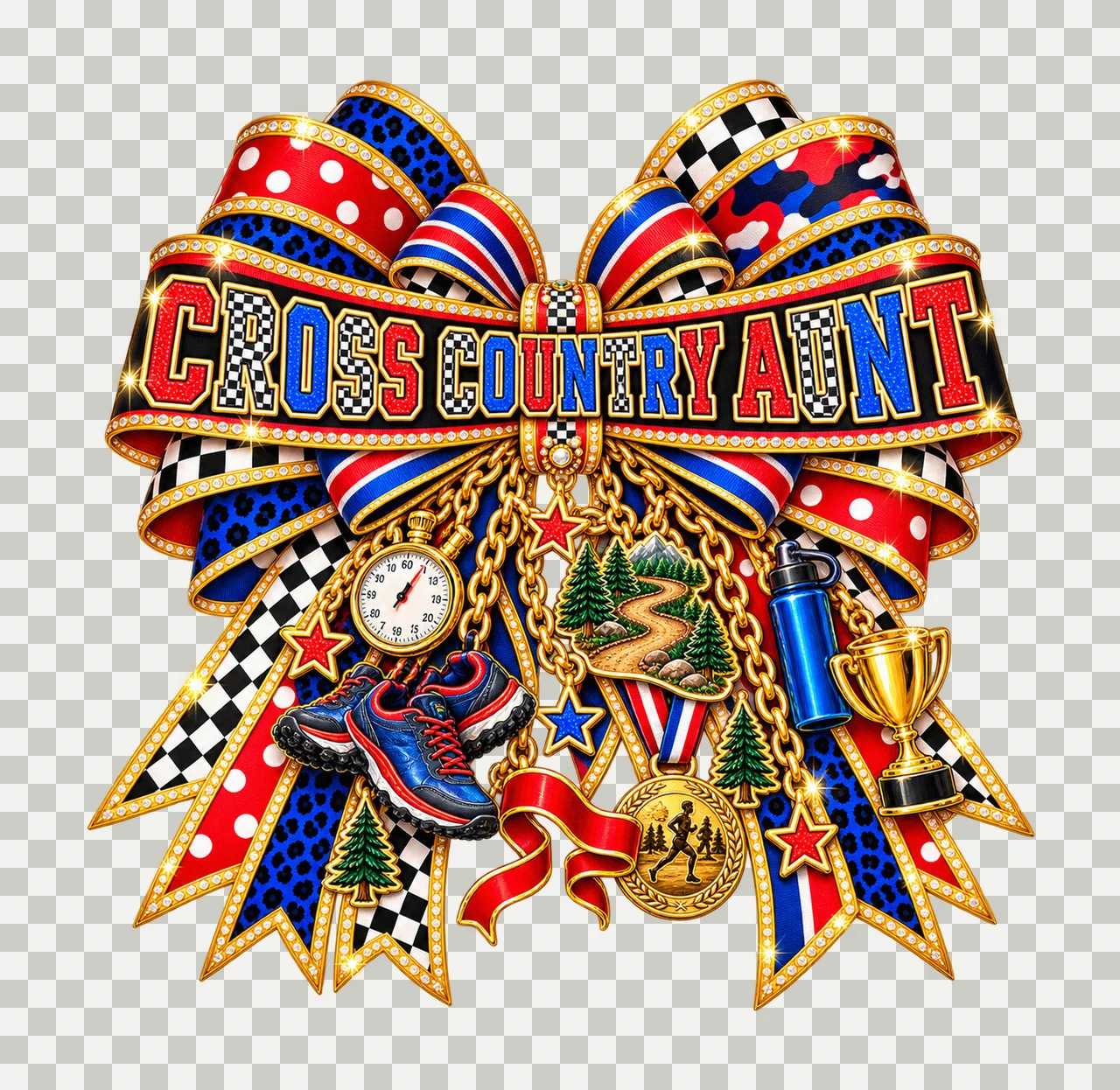 Cross Country Aunt Bow Charm PNG, Patterned Varsity Aunt Ribbon Clipart, Transparent Sublimation Digital Download transparency and detail preview thumbnail