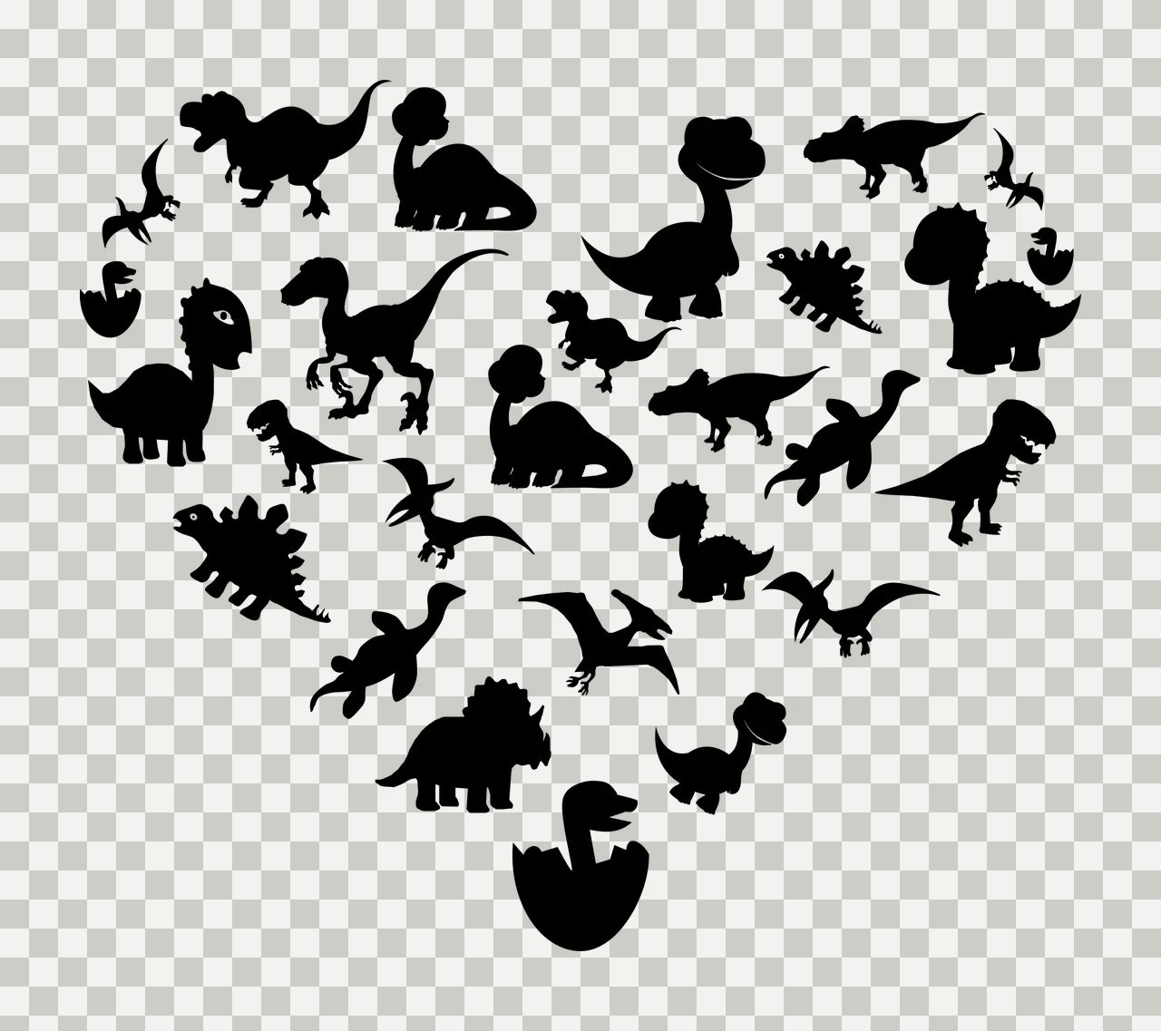 Silhouette Design of dinosaur silhouettes with heart shape arrangement, Tyrannosaurus Rex, Triceratops and Stegosaurus in black and white transparency and detail preview thumbnail