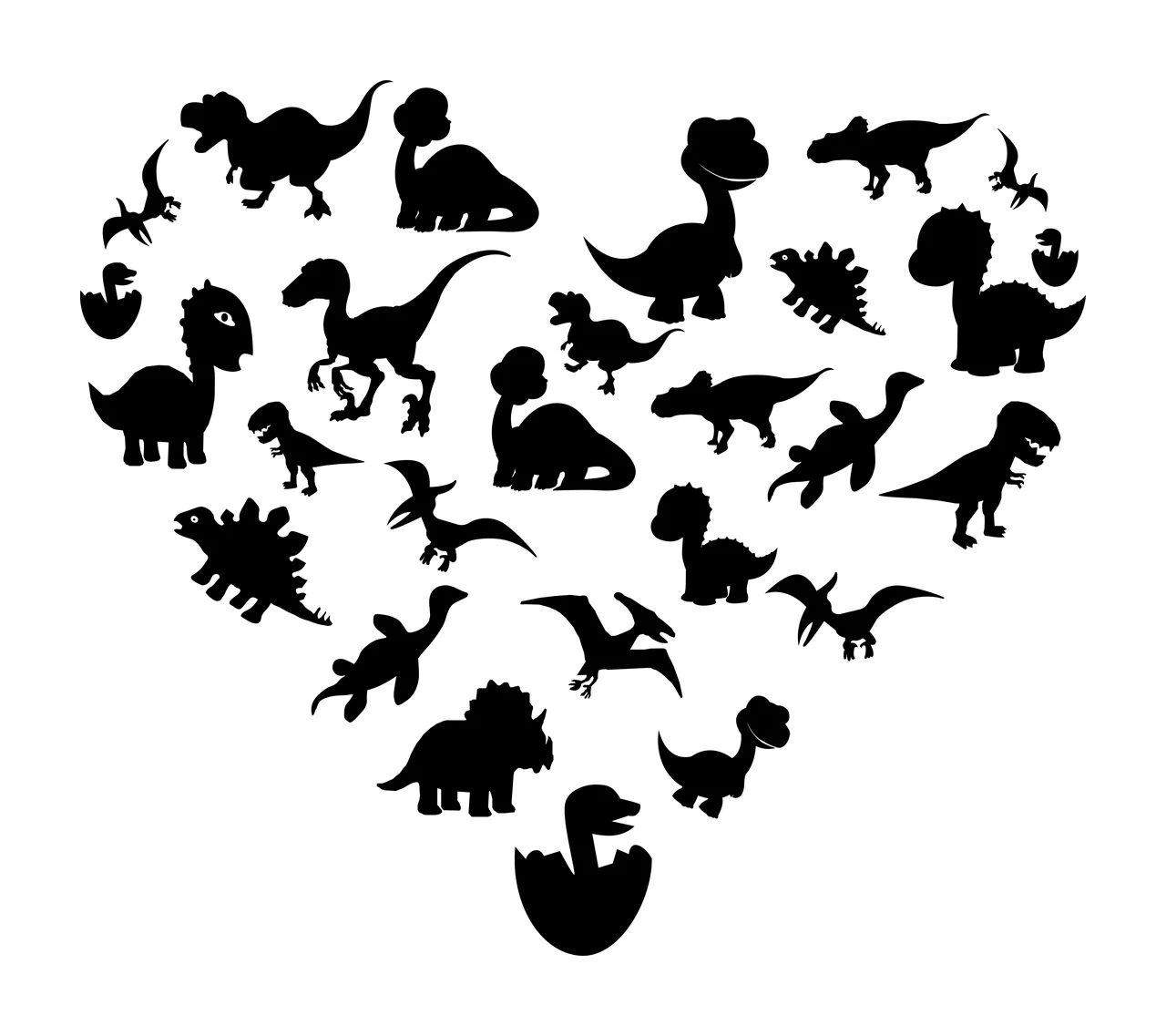 Silhouette Design of dinosaur silhouettes with heart shape arrangement, Tyrannosaurus Rex, Triceratops and Stegosaurus in black and white