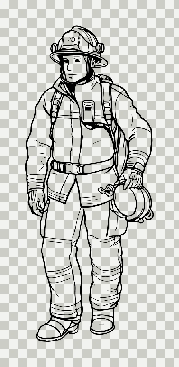 Firefighter Standing Wearing Protective Gear helmet hose reel transparency and detail preview thumbnail