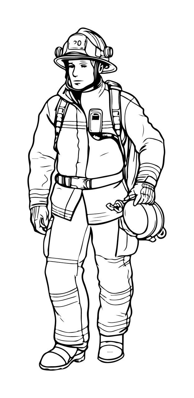 Firefighter Standing Wearing Protective Gear helmet hose reel