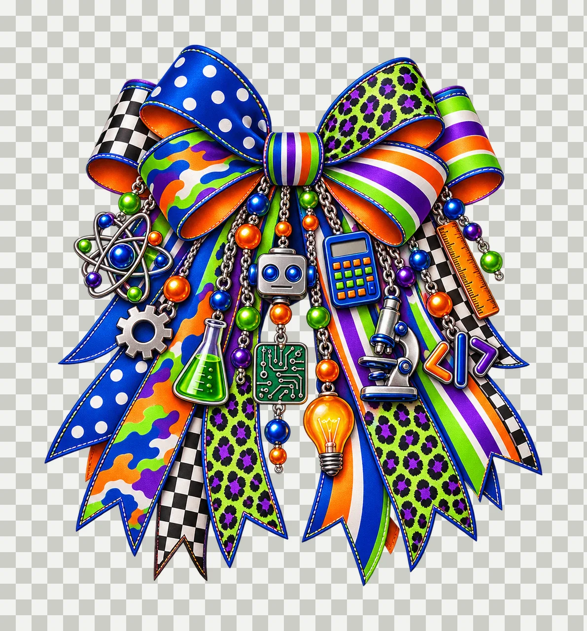 STEM Teacher Bow Charm PNG, Microscope Calculator Beaker and Coding Charms, Science School Sublimation Design, Transparent Download transparency and detail preview thumbnail