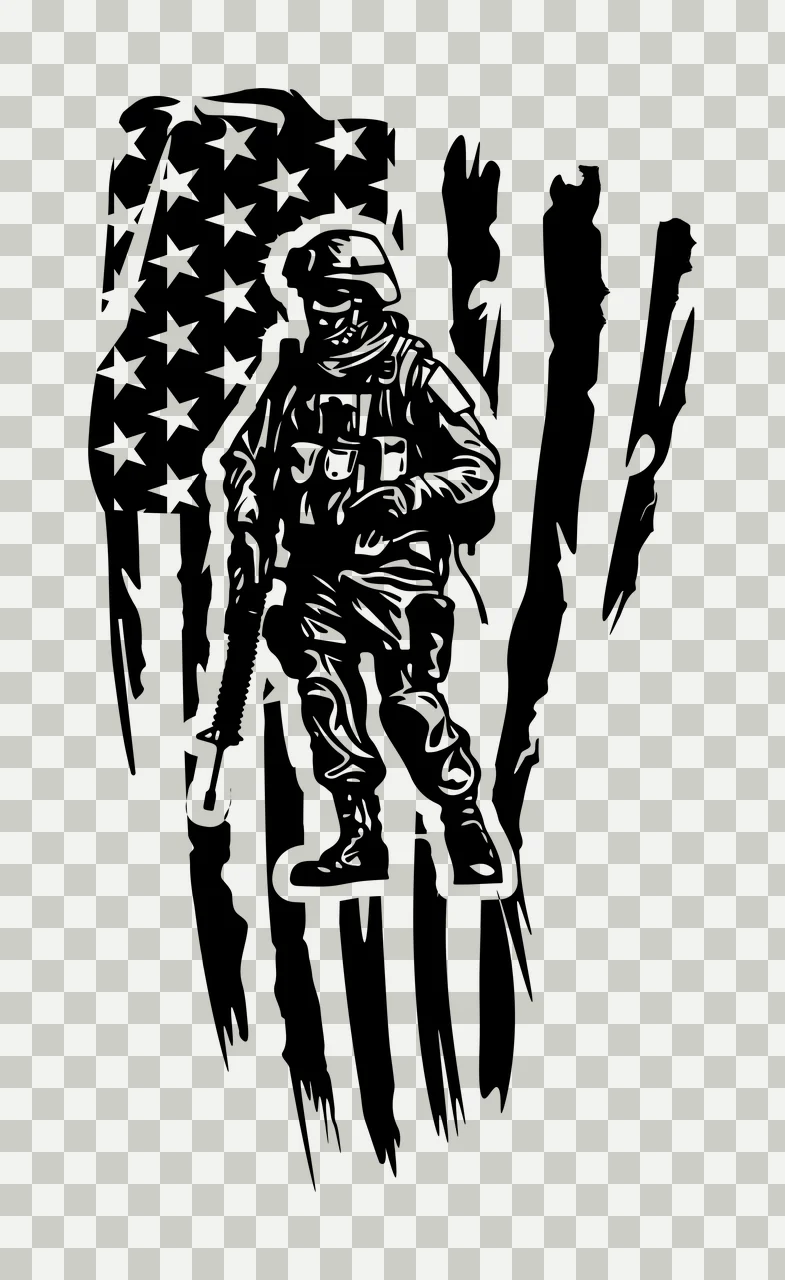 Soldier Silhouette Over American Flag standing firearm distressed transparency and detail preview thumbnail