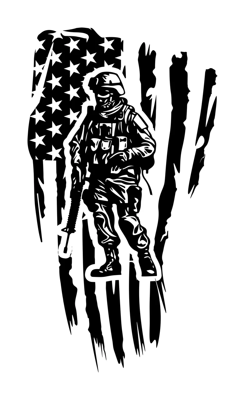 Soldier Silhouette Over American Flag standing firearm distressed