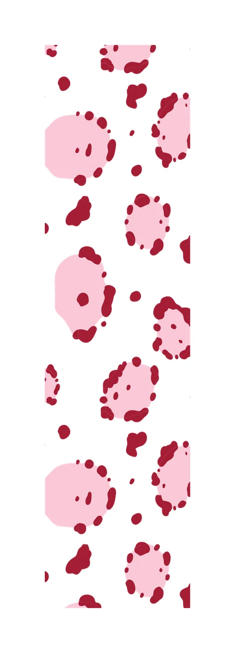 Leopard print pattern with pink spots dark red borders dots and vertical strip in white