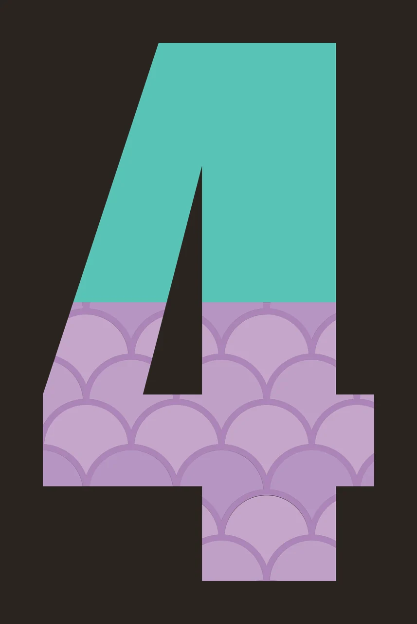4 Number Design with fish scale pattern, scalloped texture and color block division in turquoise, teal and lavender contrast preview thumbnail