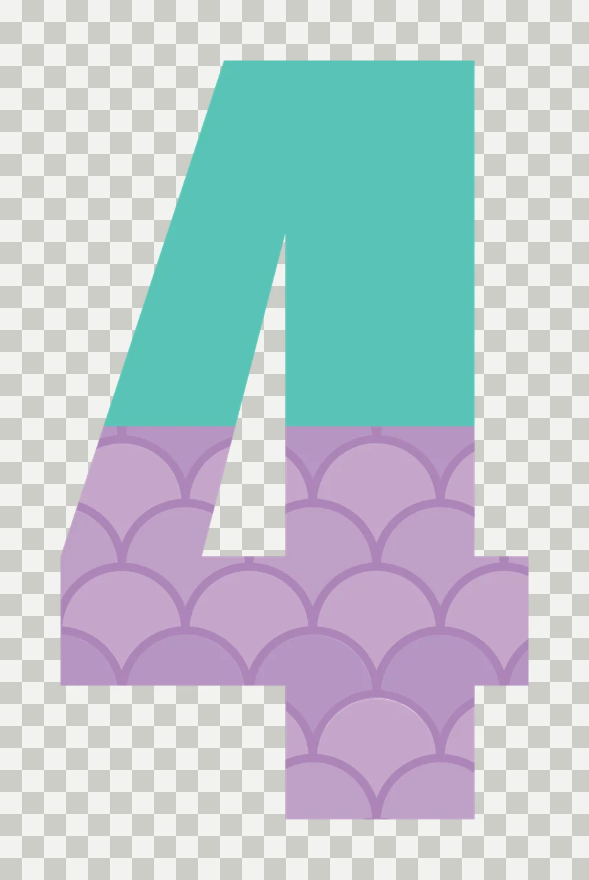 4 Number Design with fish scale pattern, scalloped texture and color block division in turquoise, teal and lavender transparency and detail preview thumbnail