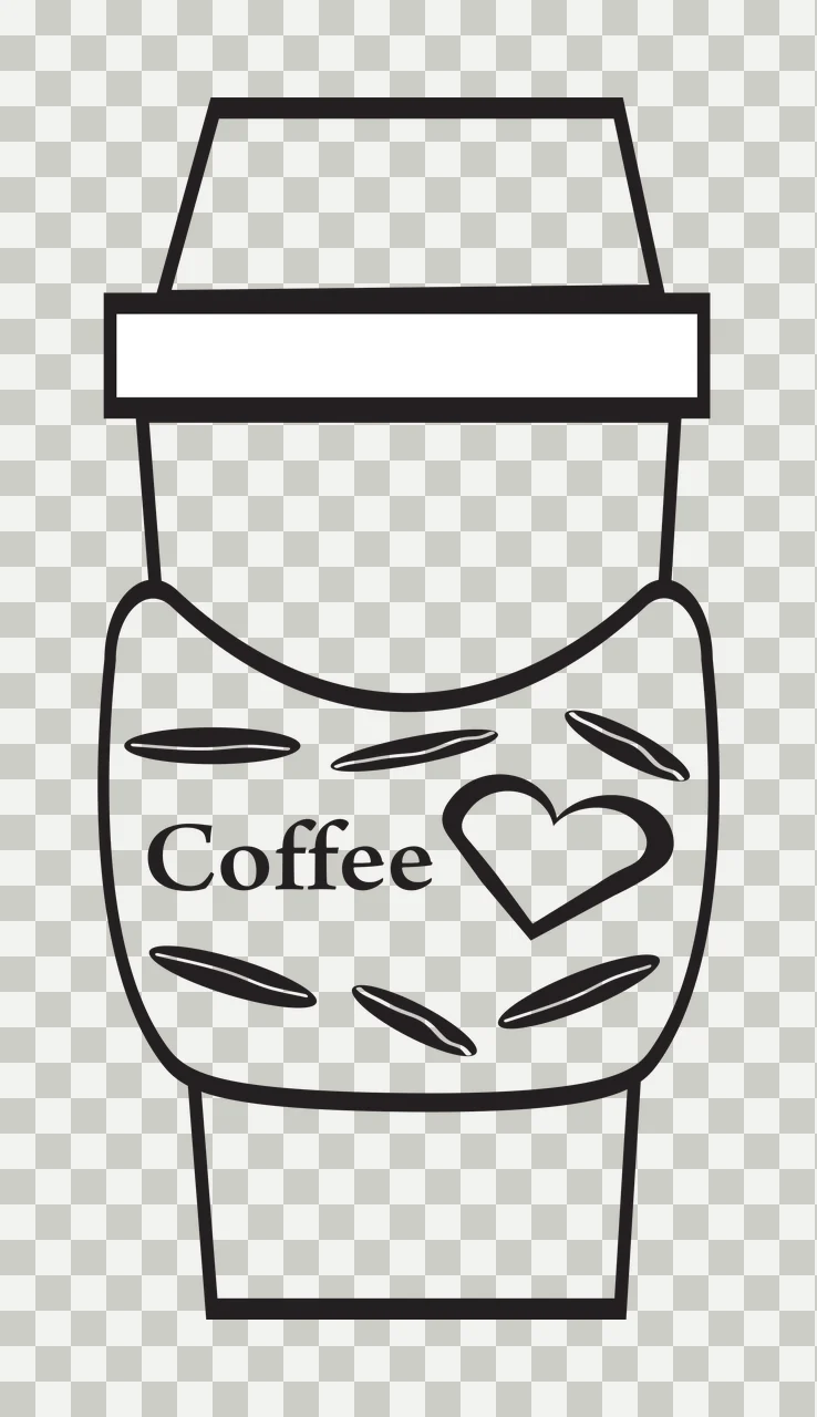 Coffee Coffee cup design with lid, sleeve, text 'Coffee' and heart-shaped icon in black and white transparency and detail preview thumbnail