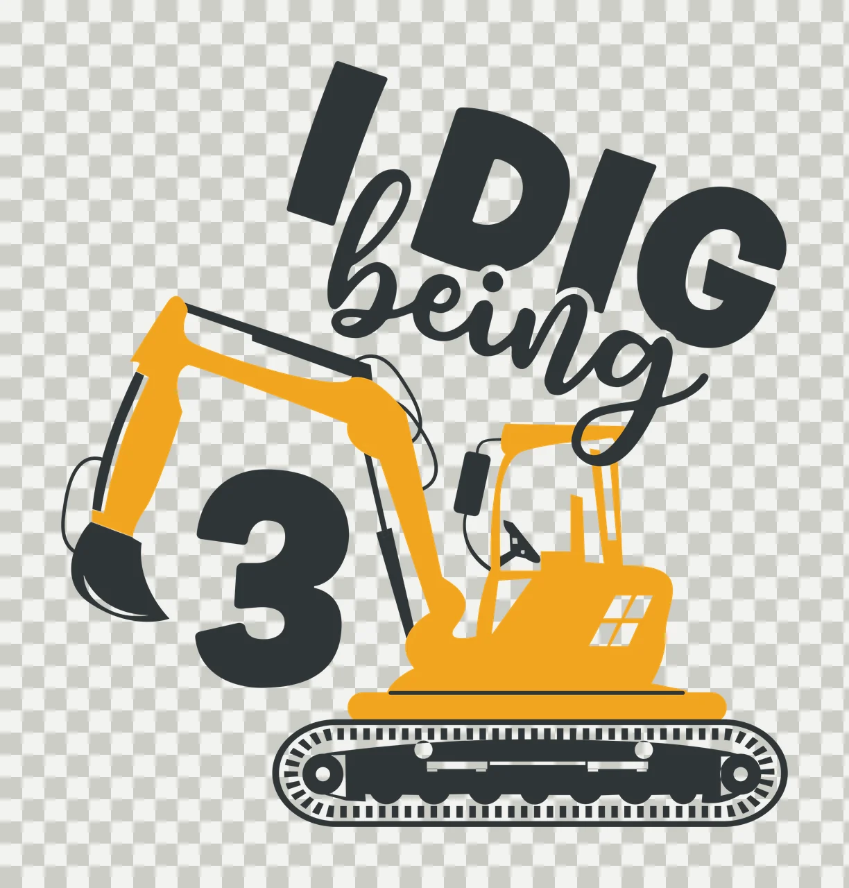 I DIG being 3 yellow excavator illustration with digger, number 3, mechanical arm and tracks in dark gray and white transparency and detail preview thumbnail