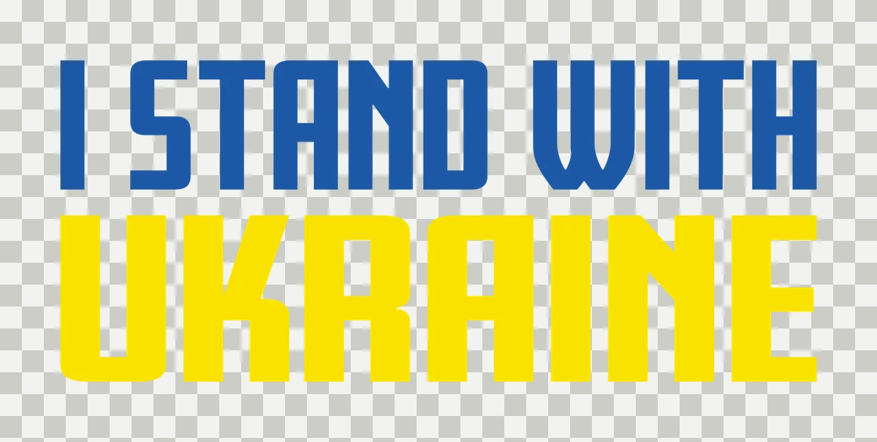 I STAND WITH UKRAINE support phrase typography with I STAND WITH UKRAINE text and bold block font in blue, yellow and white transparency and detail preview thumbnail