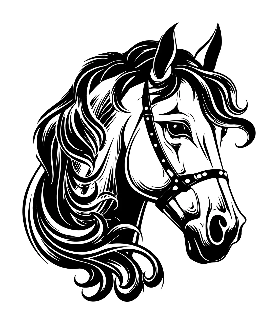 Horse Head Black And White Illustration portrait view bridle