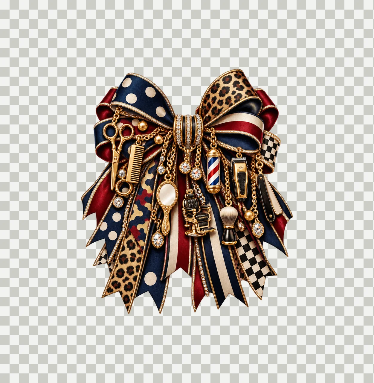 Barber Bow Charm PNG, Themed Gold Chain Charms, Coquette Ribbon Sublimation Design, Transparent Digital Download transparency and detail preview thumbnail