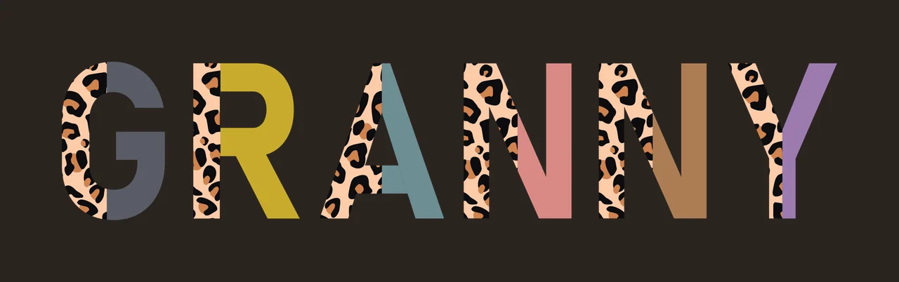 GRANNY Typography Design with GRANNY text, leopard print pattern and multicolored letters in beige, black and gray contrast preview thumbnail