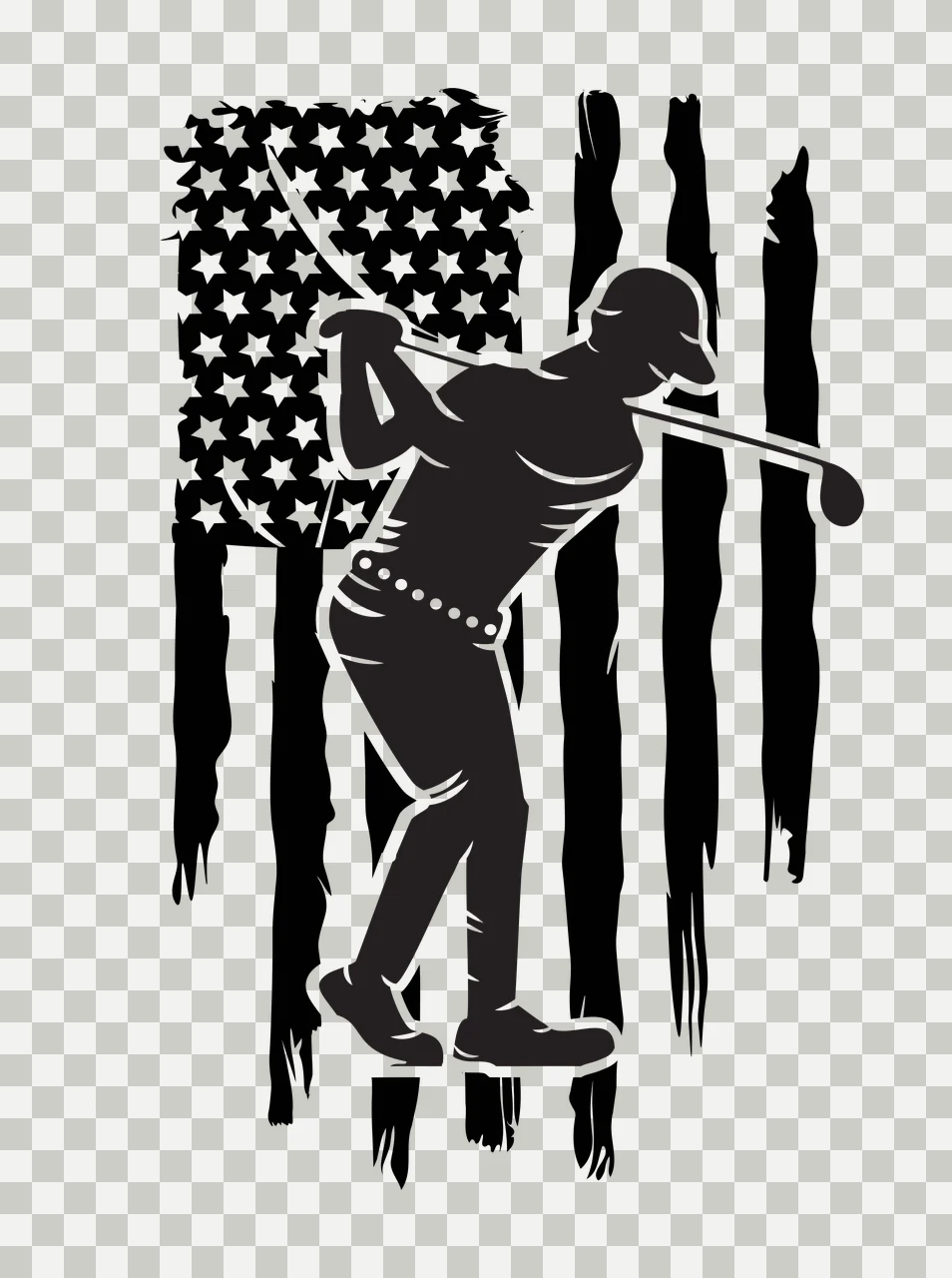 Golf Flag Golfer Silhouette Swinging Club Against stars stripes transparency and detail preview thumbnail