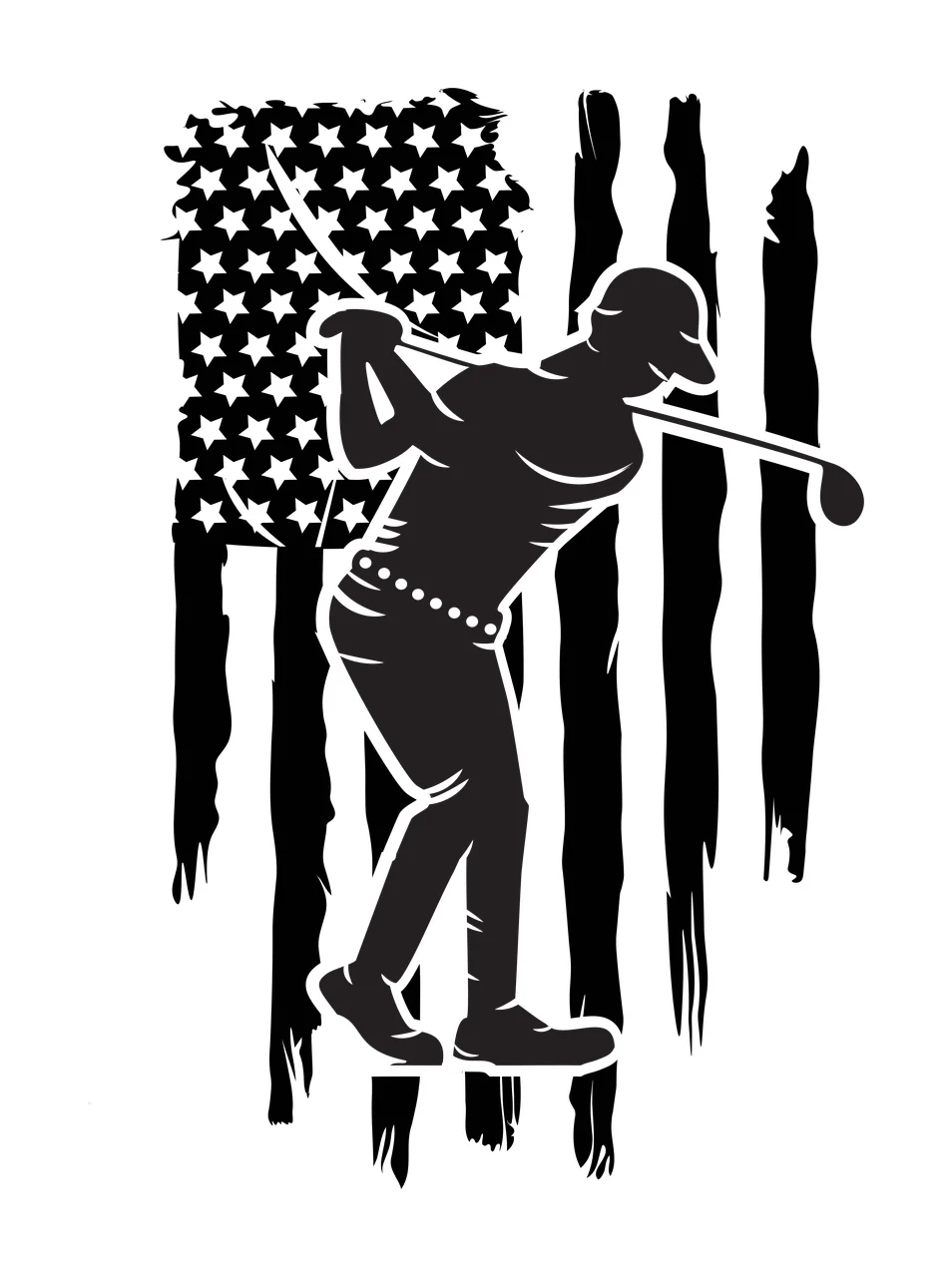 Golf Flag Golfer Silhouette Swinging Club Against stars stripes