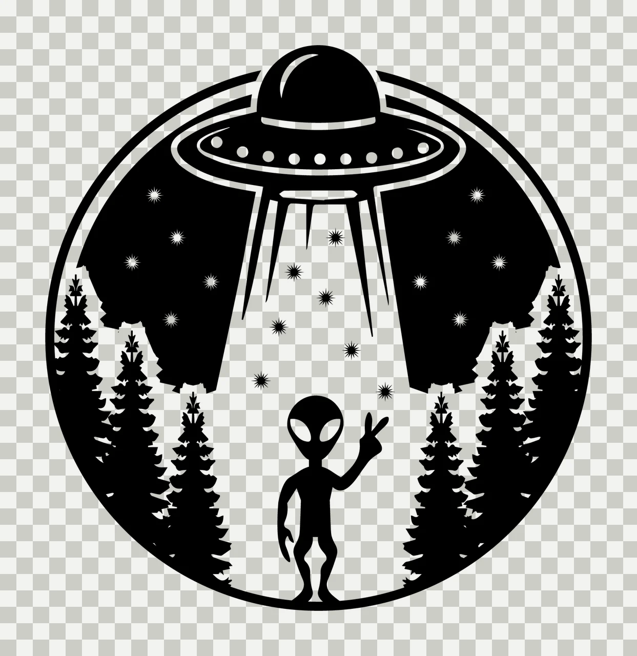 Alien Silhouette With Ufo Abduction Scene waving trees stars transparency and detail preview thumbnail