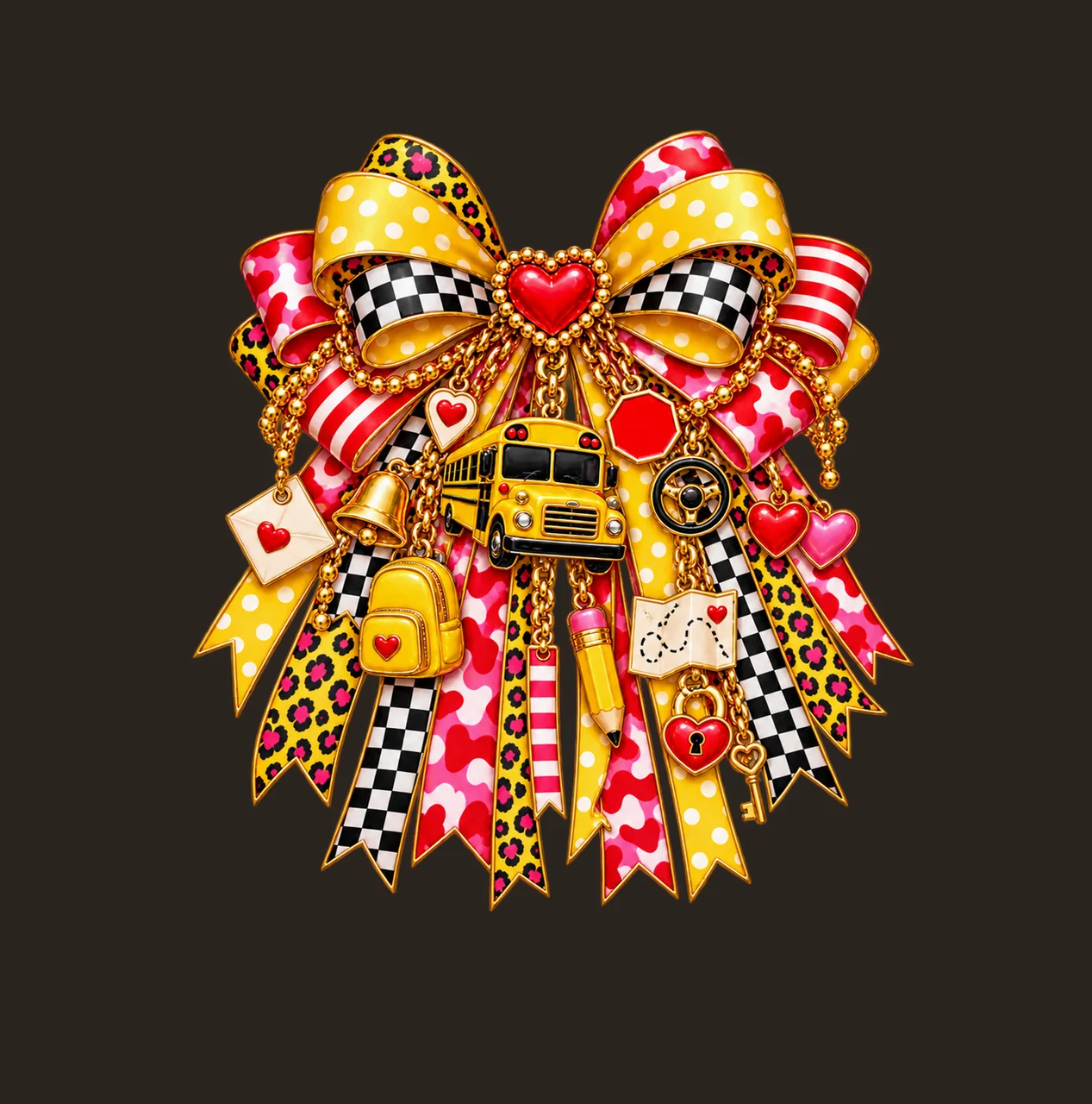 School Bus Valentine Bow Charm PNG, Gold Chain Charms, Transparent Sublimation Design, Digital Download contrast preview thumbnail