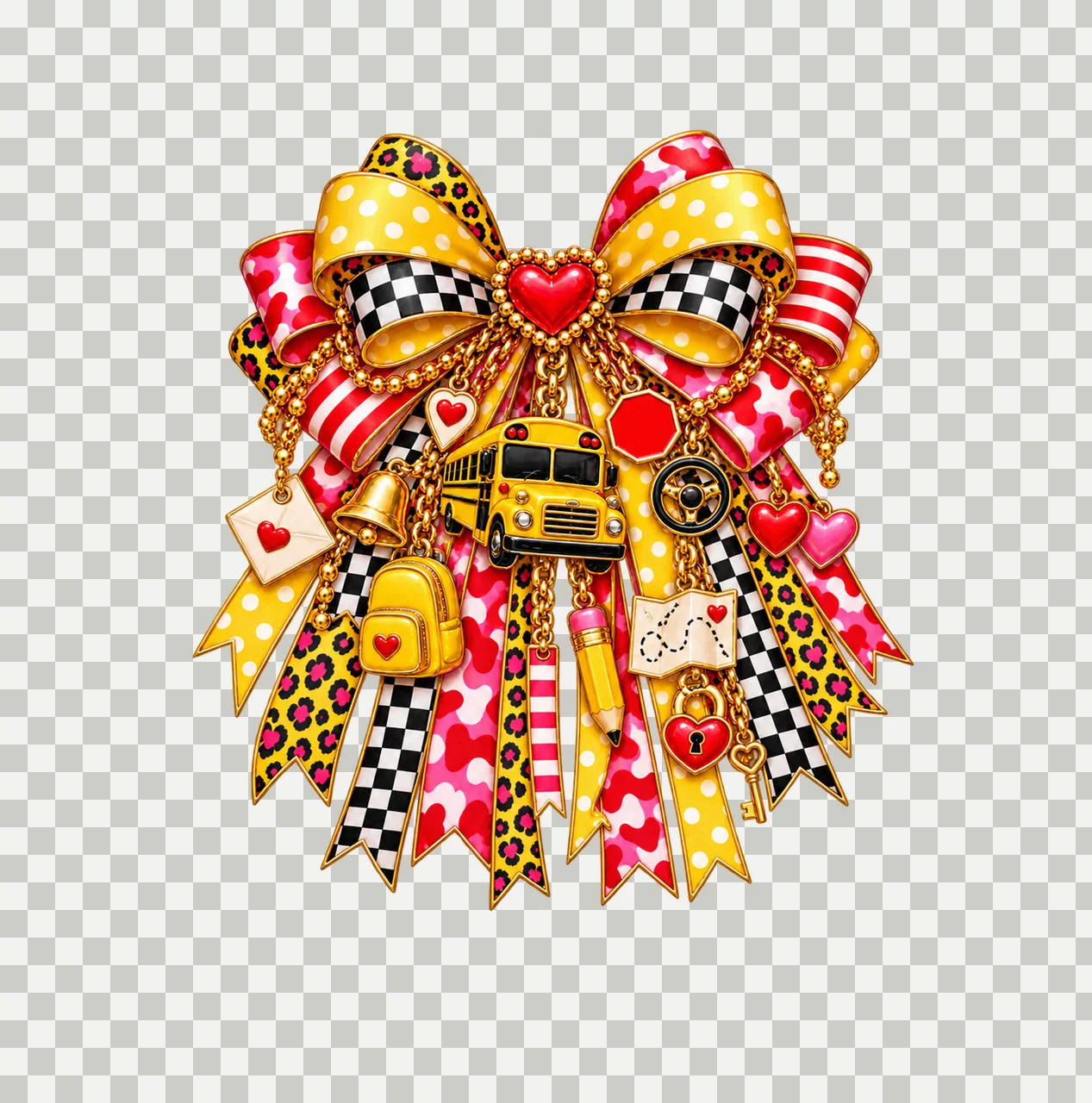 School Bus Valentine Bow Charm PNG, Gold Chain Charms, Transparent Sublimation Design, Digital Download transparency and detail preview thumbnail