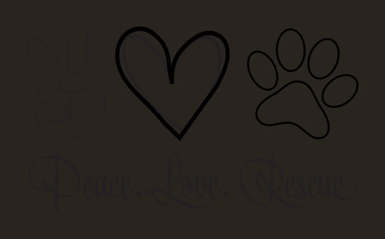 Peace. Love. Rescue Peace Love Rescue Design with peace sign hand, double-lined heart, paw print and cursive text in black contrast preview thumbnail