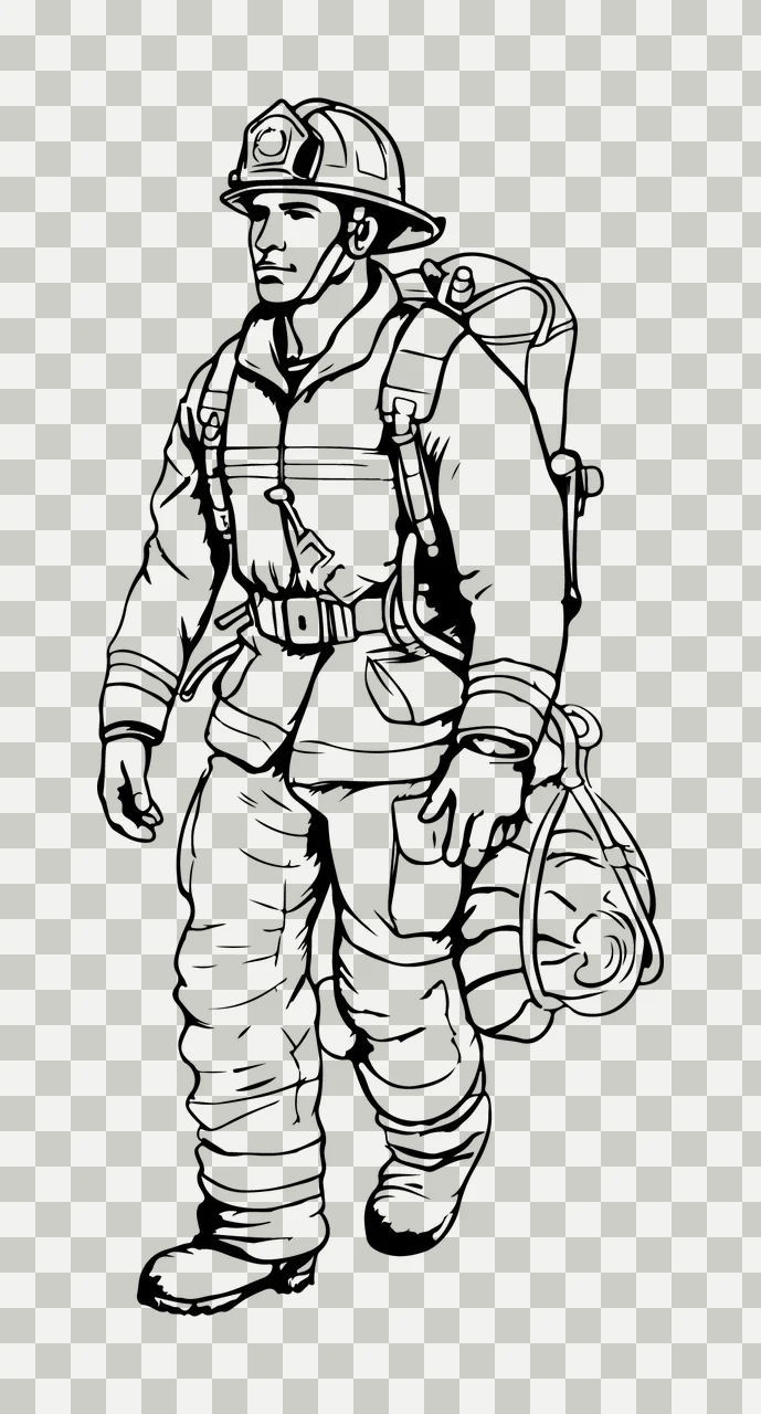 Firefighter Walking Carrying A Gear Bag helmet uniform line art transparency and detail preview thumbnail