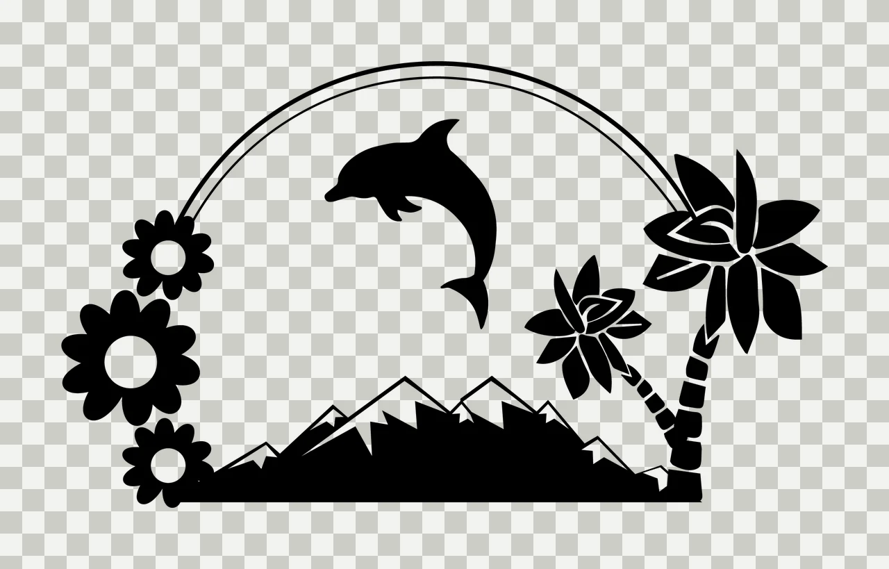Palm Dolphin Leaping Above Mountain Landscape Scene mountains transparency and detail preview thumbnail