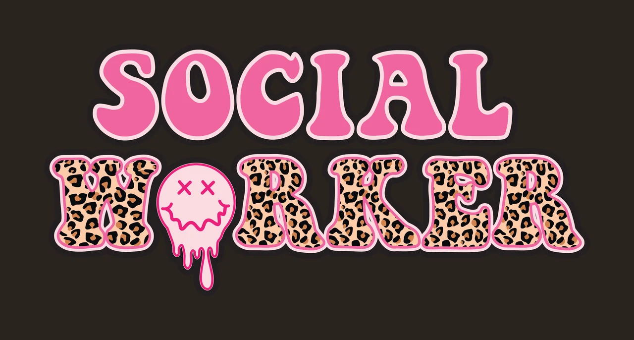 SOCIAL WORKER Typography Design with bubble lettering, leopard print pattern, dripping smiley face and wavy text in pink, black and tan contrast preview thumbnail