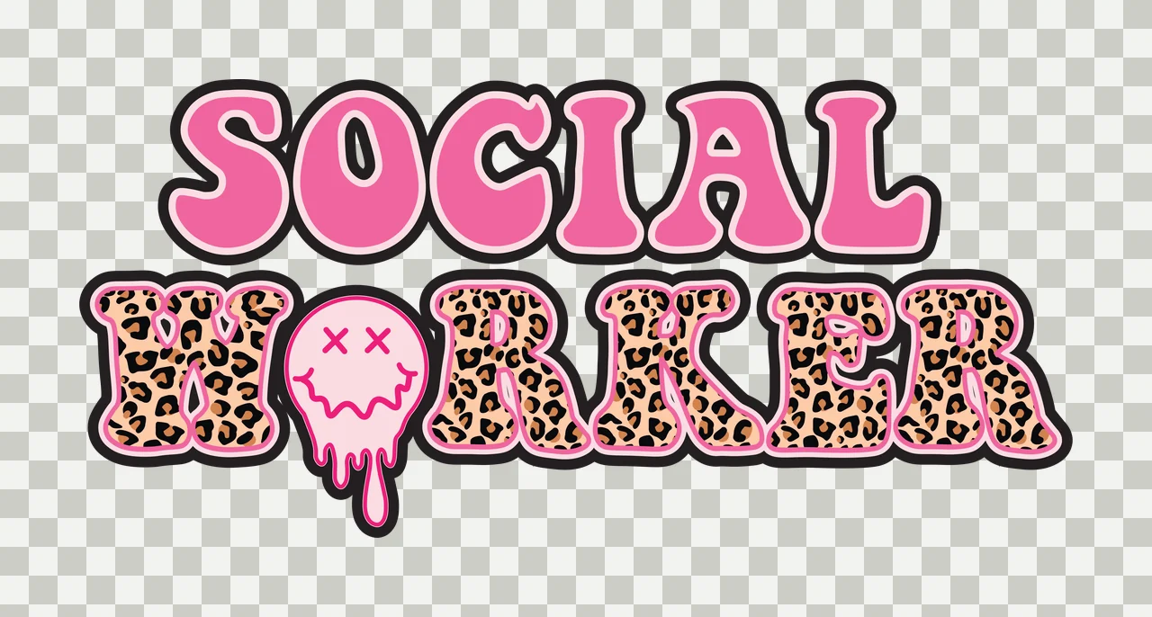 SOCIAL WORKER Typography Design with bubble lettering, leopard print pattern, dripping smiley face and wavy text in pink, black and tan transparency and detail preview thumbnail