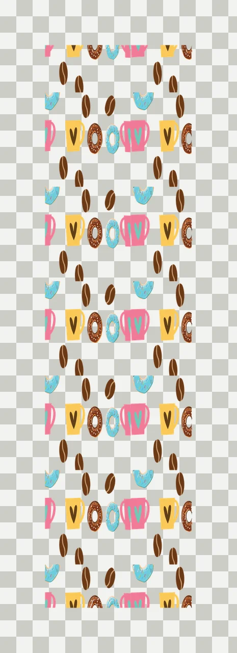 Repeating pattern of coffee-related icons Illustration with pink mug, yellow mug, blue mug and brown donut transparency and detail preview thumbnail