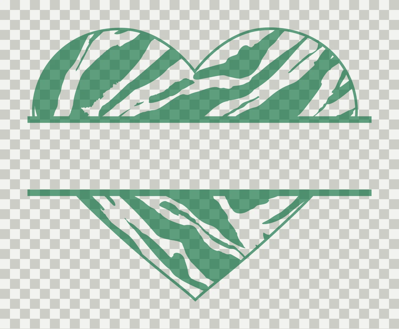 Heart Illustration with zebra pattern, stripes, heart frame and blank space in sage green and white transparency and detail preview thumbnail