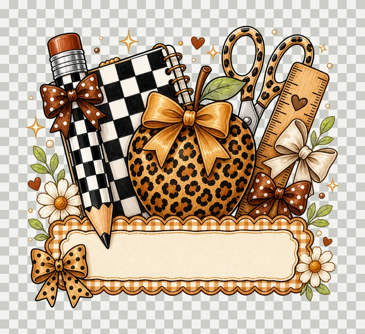 Stationery Arrangement With Apple And Pencil In Brown transparency and detail preview thumbnail